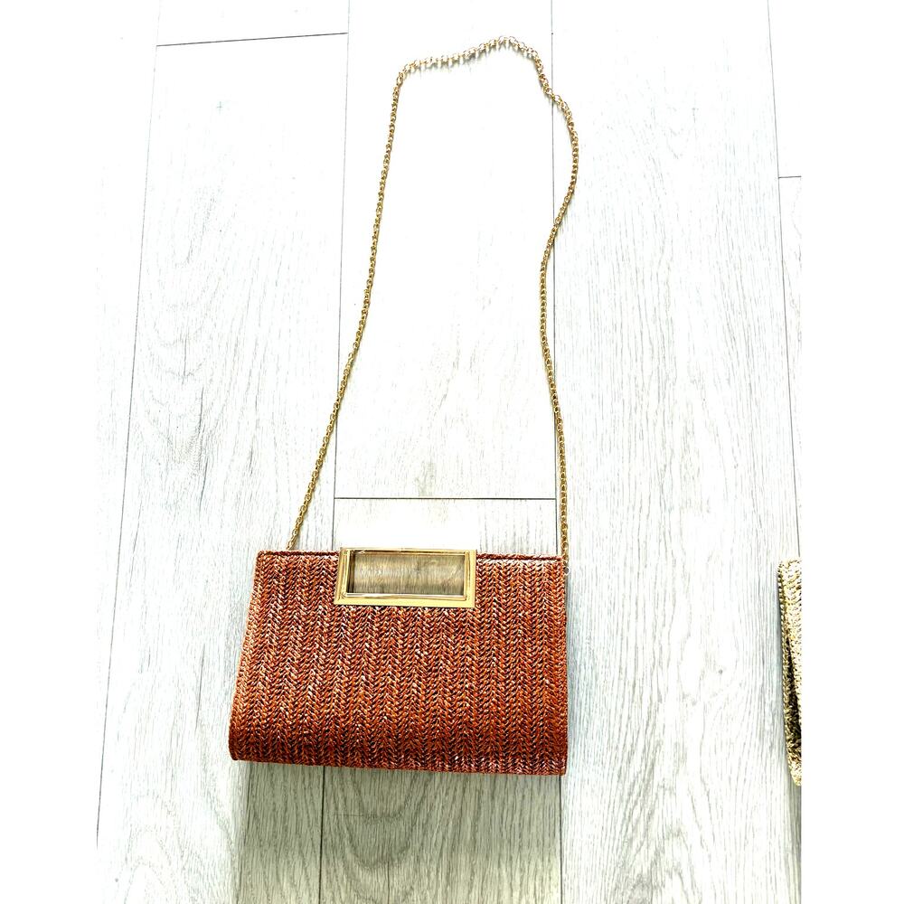 NWT Revolve Woven Gold Chain Coastal Resort Brown Straw Raffia Chain Crossbody - Picture 3 of 5